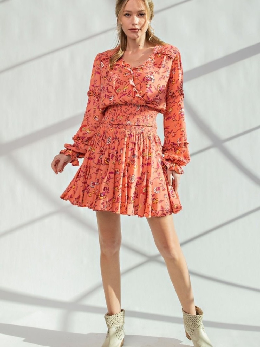 Easel 2 Piece Floral Blouse & Mini Skirt Set Boho Smocked NWT